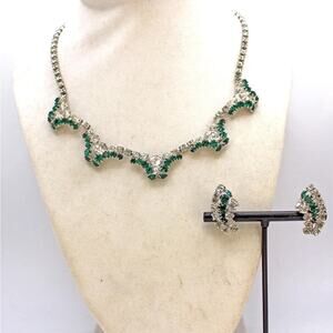 Clear and Emerald Color Rhinestone Necklace and Earring Set.